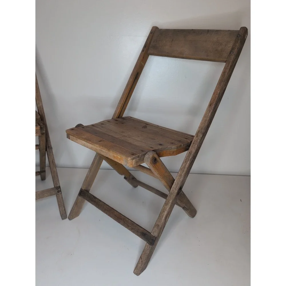 Lot Of 2 Antique Vintage Slat Wood Folding Chairs Snyder Chair Co. USA